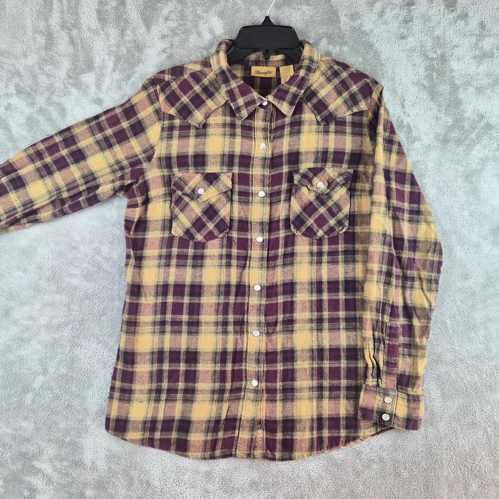 Wrangler Shirt Womens Large Burgundy Mustard Plaid Flannel Pearl Snap Western